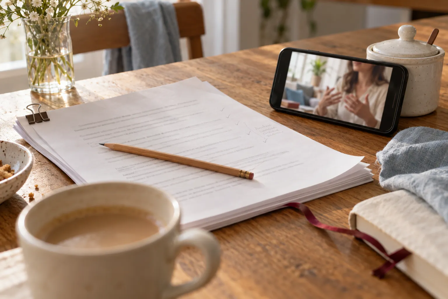 Un telefono appoggiato sul tavolo con un video in pausa, accanto alle pagine stampate del diario, a una matita e a una tazza