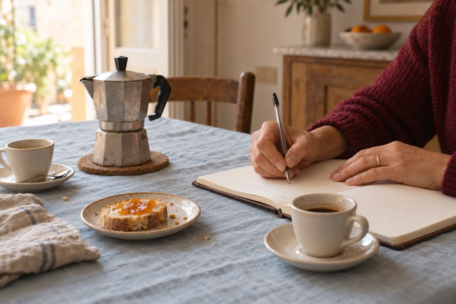 Mani di donna che scrivono su un quaderno aperto, accanto a una moka e a due tazze, su una tovaglia di lino azzurro nella luce del mattino